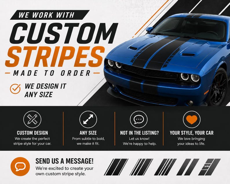 Puede incluir: Anuncio de rayas personalizadas en un coche azul. El texto dice "CUSTOM STRIPES - MADE TO ORDER" y "WE DESIGN IT ANY SIZE". Textos adicionales: dise&ntilde;o personalizado, cualquier tama&ntilde;o y estilo.