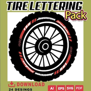 May include: Black and red tire design with the text "Tire Lettering Pack." The tire features a white spoke wheel and the Bridgestone logo. The image also includes the word "Download" and file type icons.