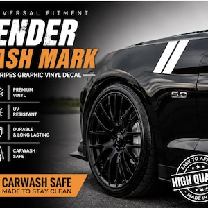 Puede incluir: Coche negro con rayas blancas de tipo "hash mark" en el guardabarros. La calcoman&iacute;a de vinilo gr&aacute;fico es resistente a los rayos UV, duradera y segura para el lavado de coches. El texto dice "FENDER HASH MARK" y "STRIPES GRAPHIC VINYL DECAL". Fabricado en EE. UU.