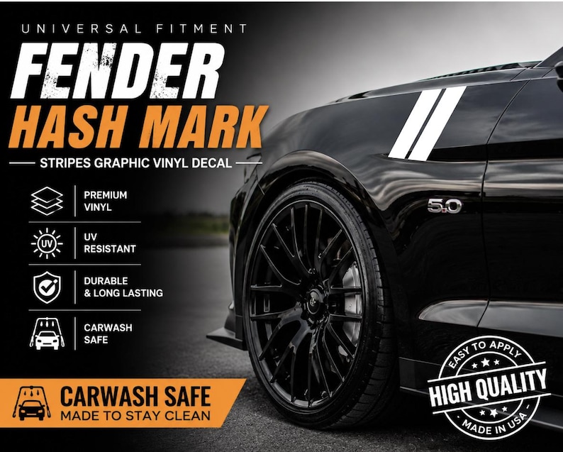 Puede incluir: Coche negro con rayas blancas de tipo "hash mark" en el guardabarros. La calcoman&iacute;a de vinilo gr&aacute;fico es resistente a los rayos UV, duradera y segura para el lavado de coches. El texto dice "FENDER HASH MARK" y "STRIPES GRAPHIC VINYL DECAL". Fabricado en EE. UU.