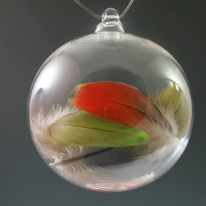 May include: A clear glass ornament with a silver hanger, containing three feathers: one red, one green, and one white.