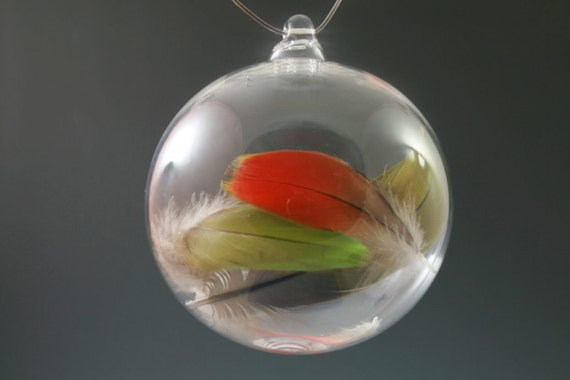 Hand Blown Glass Ornament – Feather Ball, Lampwork Boro Glass
