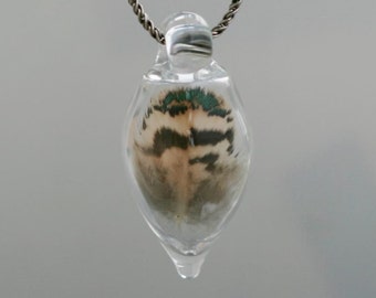 Handblown Glass Feather Pendant Necklace, Lampwork Boro Glass Jewelry
