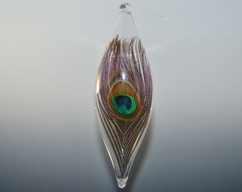 Hand Blown Glass Christmas Ornament -  Peacock Feather Ornament - Meaningful Holiday Gift