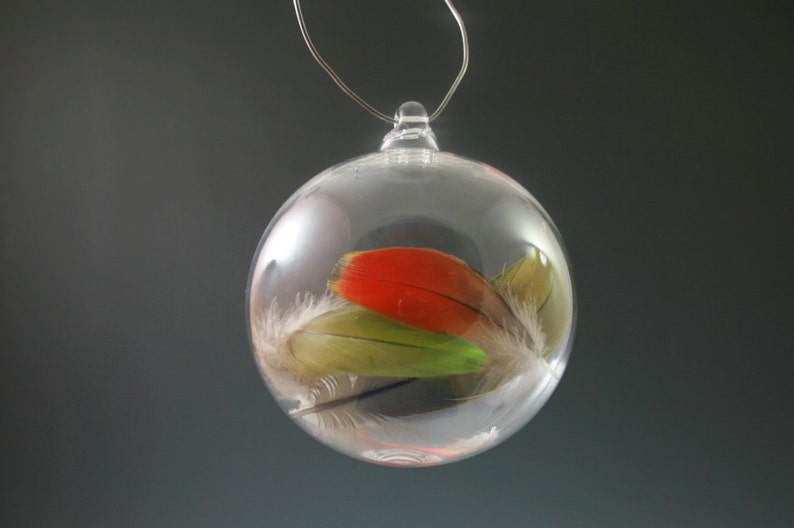 May include: A clear glass ornament with a silver string hanging from the top. Inside the ornament are three feathers: one red, one green, and one white.