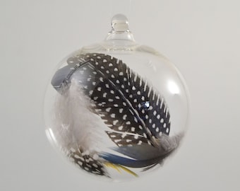 Glass Christmas Ball Ornament  - Meaningful Gift - Hand Blown Glass Ornament -  Feather Ball