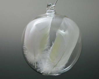 Hand Blown Glass Christmas Ornament- Angel Wing Feather Ball- Handblown Glass Ornament