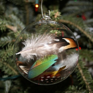 Christmas Ornament - Handblown Glass Ball - Bird Gift - Feather Ornament - Meaningful Gift