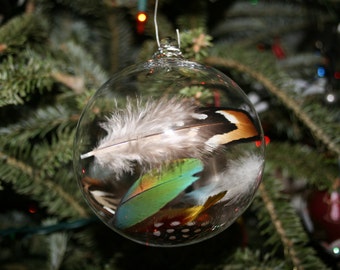 Christmas Ornament - Handblown Glass Ball - Bird Gift - Feather Ornament - Meaningful Gift