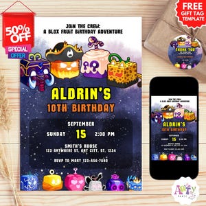 Faire-part d'anniversaire Blox fruits, modèle d'étiquette cadeau gratuit, modèle de fête Blox fruits, fruits Blox modifiables, ninja pirate