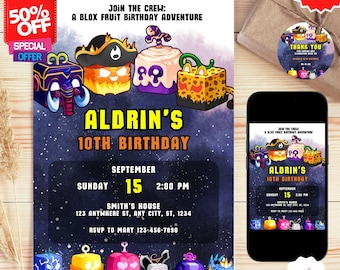 Blox Fruit Birthday Invitation, Free Gift tag template, Blox Fruit Party Template, Editable Blox Fruit, Pirate Ninja