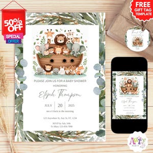 Noah&#39;s Ark Greenery Baby Shower Invitation, FREE Gift tag template, EDITABLE TEMPLATE, Boy Girl Noah&#39;s Ark Cute Animals Invite