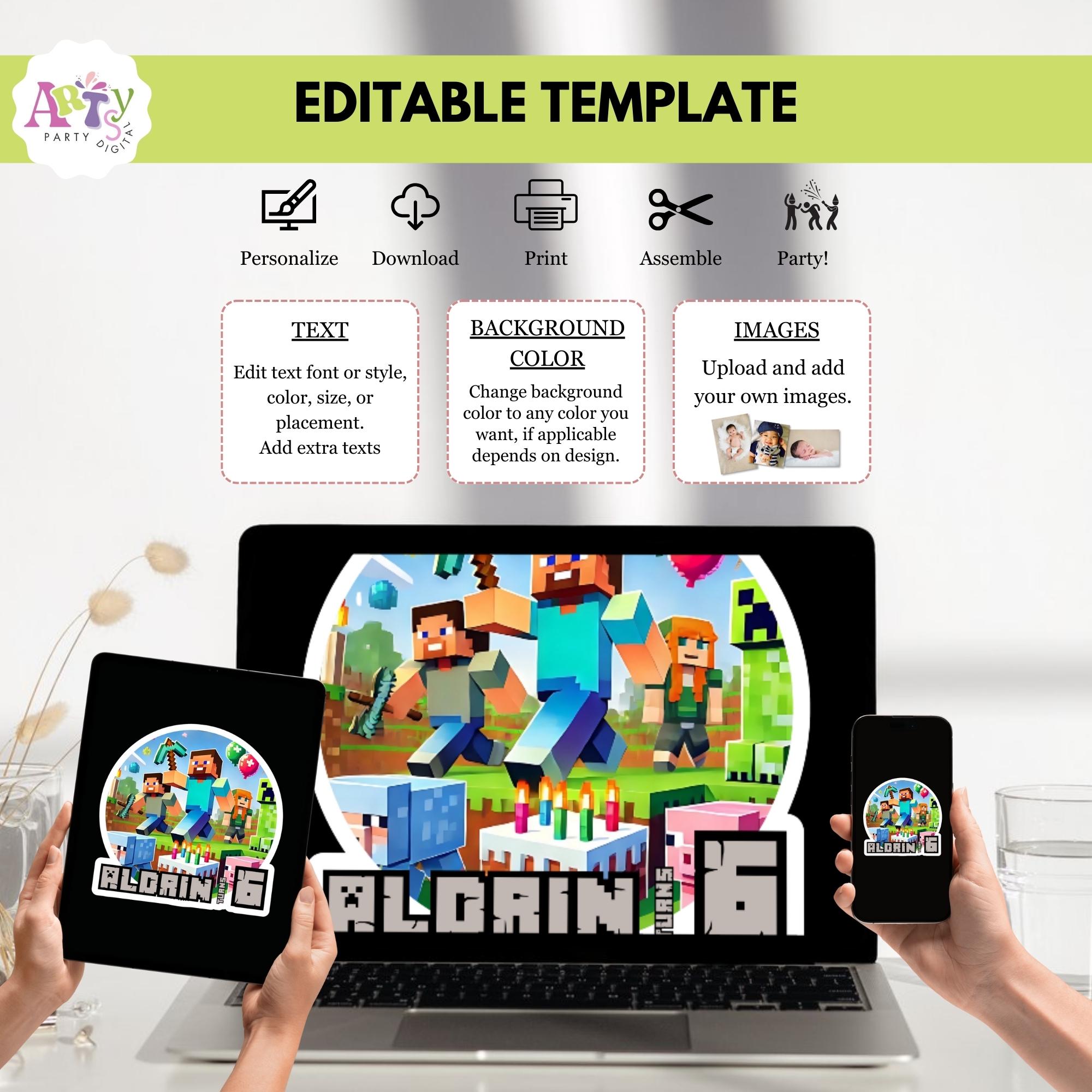 Editable Minecraft Birthday Cake Topper Template