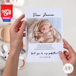 Plantilla de invitación para pedir matrimonio "¿Quieres ser mi padrino?", tarjeta imprimible con foto para pedir matrimonio, propuesta de bautismo moderna editable, plantilla editable