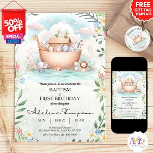Noah&#39;s Ark Baptism First Birthday Invitation, FREE Gift tag template, EDITABLE TEMPLATE, Boy Girl Noah&#39;s Ark Cute Animals Invite