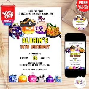 Blox Fruit Birthday Invitation, Free Gift tag template, Blox Fruit Party Template, Editable Blox Fruit, Pirate Ninja