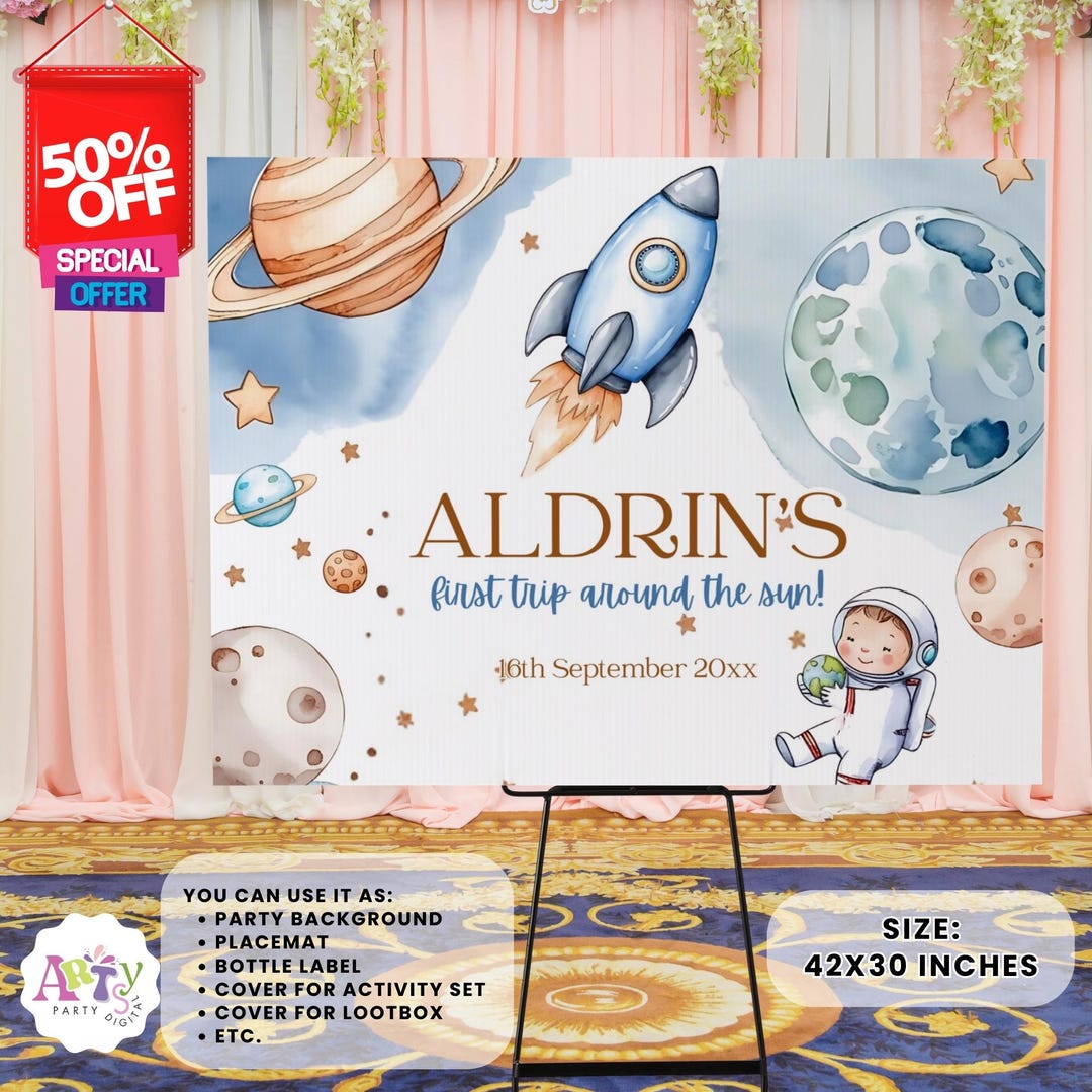 First Trip Around the Sun Astronaut Birthday Backdrop, Astronaut Party ...