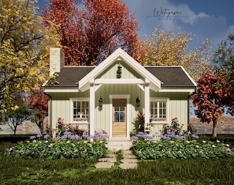 May include: A light green cottage with a white trim, black roof, and a wooden door. The house is surrounded by colorful trees and a garden with flowers. The text "Watagashi HOUSE PLAN" is visible above the house.