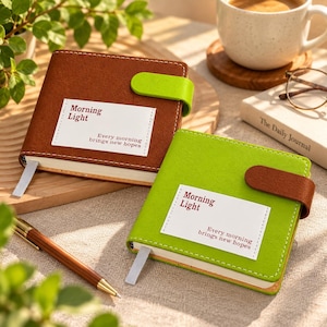 May include: Two square notebooks with a strap closure. One is brown with a lime green strap, the other is lime green with a brown strap. Each features a white label with the text Morning Light and Every morning brings new hopes in red ink.