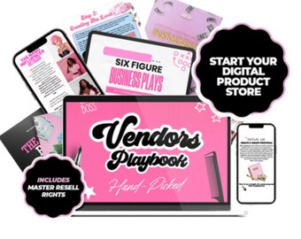May include: A digital product store concept with a laptop, tablet, and smartphone displaying business-related content. The laptop screen reads "Vendors Playbook" in a pink and white design. Other screens show "Six Figure Business Plays" and "The Nano Influencer".