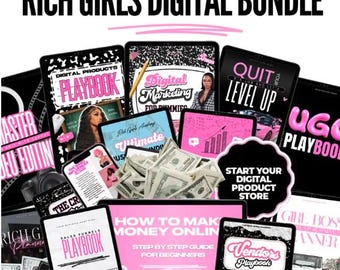 May include: A collection of digital products, including playbooks, guides, and planners, with titles like "Rich Girls Digital Bundle," "Digital Marketing for Dummies," and "Sales Funnels Playbook." The image features pink and black designs, money, and the text "Start Your Digital Product Store."
