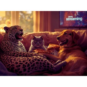 May include: A leopard, a grey cat, and a golden retriever are relaxing on a brown sofa, eating pizza. The leopard is laughing, the cat is staring, and the dog is smiling. A television in the background displays the words "Netflix streaming".