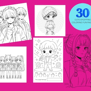 Op de afbeelding: Een verzameling zwart-wit kleurplaten met K-pop thema. De pagina's bevatten verschillende anime-stijl illustraties van K-pop idolen en groepen, waaronder een zanger op het podium en een groep meisjes. De tekst op de afbeelding luidt "30 Cute K-popping Coloring Fun Pages."