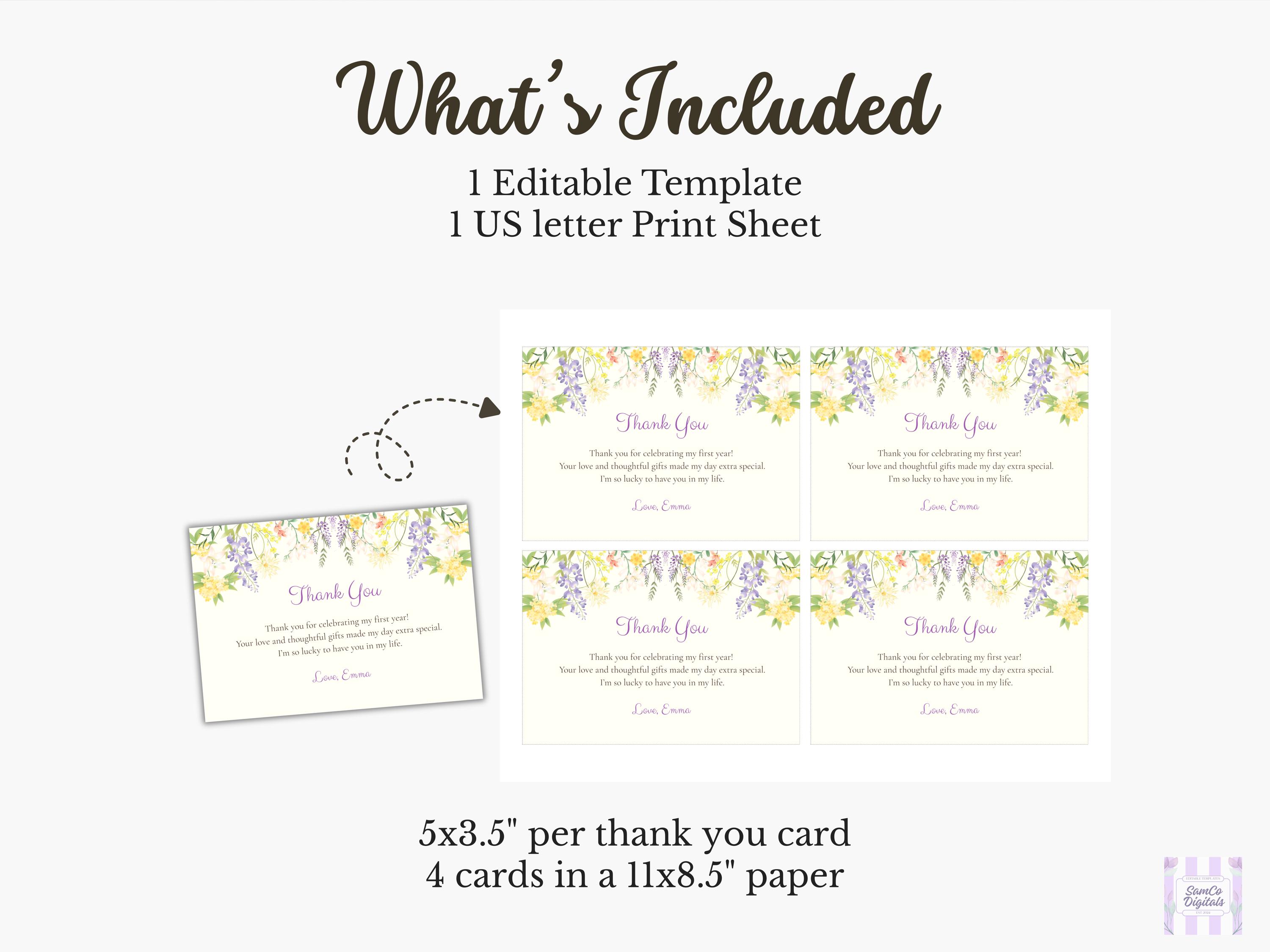 Wildflower First Birthday Thank You Card Editable Girl 1st Birthday ...