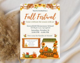 Invitation modifiable pour le festival d'automne, modèle d'événement scolaire, 5 x 7 et téléphone canva inviter, flyer citrouille d'automne, téléchargement imprimable