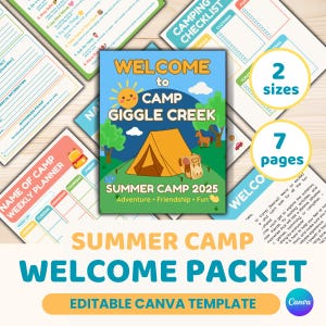 Paquete de bienvenida al campamento de verano / Plantilla editable de Canva / 7 páginas / Tamaños A4 y Carta (EE. UU.)