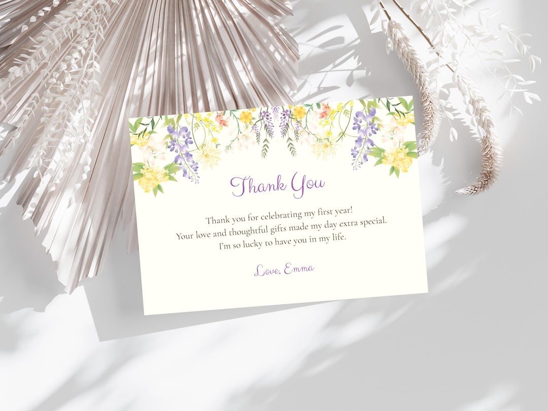Wildflower First Birthday Thank You Card Editable Girl 1st Birthday ...