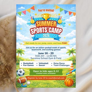 May include: A colorful flyer for Summer Sports Camp 2026, inviting kids ages 6-12 to a week of sports and fun. The design features a blue sky, sports equipment, and the camp's details, including dates and activities.