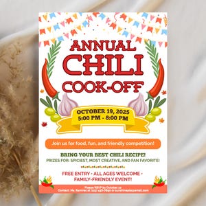 May include: A vibrant poster advertising the Annual Chili Cook-Off, with red lettering and illustrations of chillies, garlic, and olives. The event is on October 19, 2025, from 17:00 to 20:00. The poster encourages attendees to bring their best chili recipe for the competition.