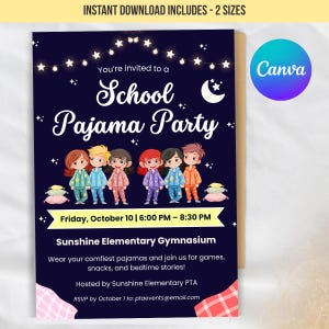 Convite para festa do pijama escolar, folheto editável para evento da Associação de Pais e Mestres, convite fofo para noite infantil, download instantâneo, modelo para impressão no Canva