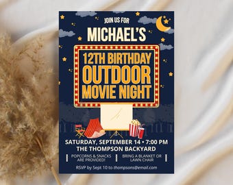 Editable Outdoor Movie Night Birthday Invite Template Backyard Movie Party Invite for Kids Under the Stars Cinema Birthday Canva Invitation