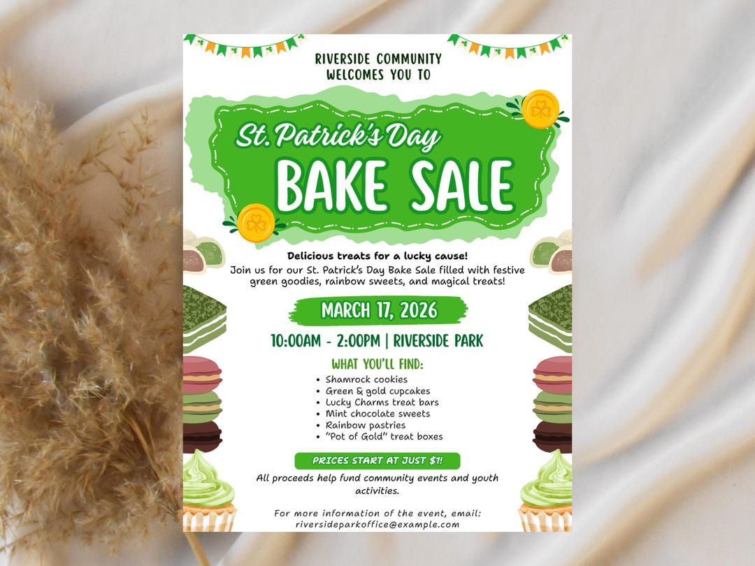 Editable St Patricks Day Bake Sale Flyer Template School Community ...