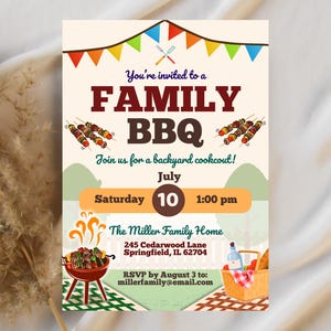 May include: A family BBQ invitation with a colourful design. The invitation features the text "FAMILY BBQ", skewers, a grill, and a picnic basket. The date is Saturday, July 10th at 1:00 pm.