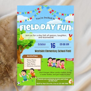 Modello di invito modificabile per la giornata campestre / Volantino per eventi di giochi all&#39;aperto a scuola / Invito per la festa di fine anno per la giornata sportiva / Invito stampabile Canva
