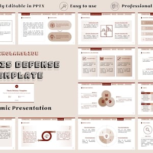 Könnte beinhalten: Eine PowerPoint-Präsentationsvorlage für eine Thesis-Verteidigung mit dem Titel "Thesis Defense Template". Das Design enthält Text wie "Fully Editable in PPTX", "Easy to use" und "Professional Design". Der Hintergrund ist beige mit braunen und weißen Elementen.