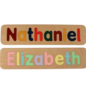 Name Puzzle Personalized Made in USA Raised Letters Wooden Educational First Birthday Mixed Case Letters Toddlers Puzzle image 1