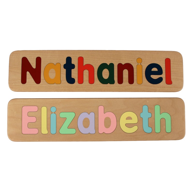 Name Puzzle Personalized Made in USA Raised Letters Wooden Educational First Birthday Mixed Case Letters Toddlers Puzzle image 1