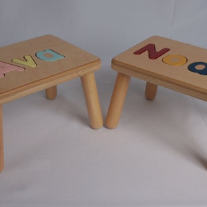 Puede incluir: Dos taburetes de madera para ni&ntilde;os con los nombres "Ava" y "Noah" escritos en letras de colores en la parte superior.