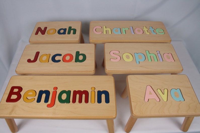 Name Puzzle Step Stool Bench Birthday Gift Wood Personalized Puzzle Kids Stool or Bench Made in USA zdjęcie 2