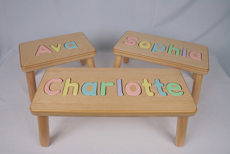 Name Puzzle Step Stool Bench Birthday Gift Wood Personalized Puzzle Kids Stool or Bench Made in USA zdjęcie 4