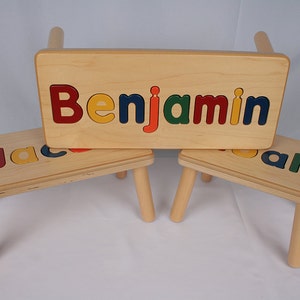 Name Puzzle Step Stool Bench Birthday Gift Wood Personalized Puzzle Kids Stool or Bench Made in USA zdjęcie 3