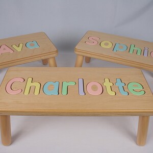 Puede incluir: Tres taburetes de madera para ni&ntilde;os con los nombres Ava, Sophia y Charlotte deletreados en letras de colores.