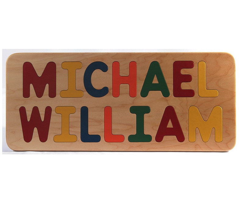 Name Puzzle Personalized Wood Name Puzzle for Two Names Birthday Gift Raised All Capital Letters Made in USA image 1