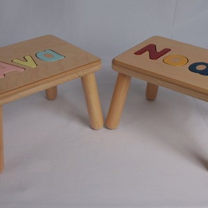 Name Puzzle Step Stool Bench Birthday Gift Wood Personalized Puzzle Kids Stool or Bench Made in USA zdjęcie 1