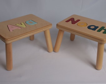 Name Puzzle Step Stool Bench -  Birthday Gift - Wood - Personalized Puzzle -Kids Stool or Bench -  Made in USA