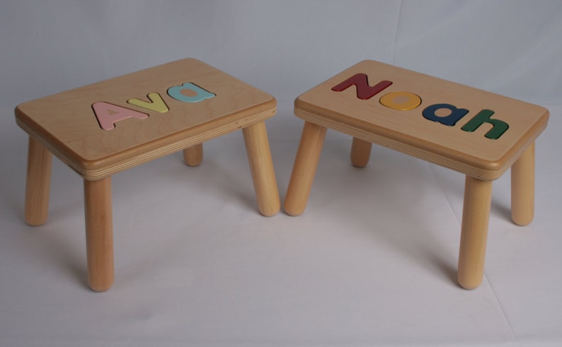 Name Puzzle Step Stool Bench Birthday Gift Wood Personalized Puzzle Kids Stool or Bench Made in USA zdjęcie 1